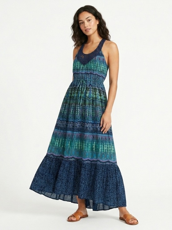 Bila Dresses & Skirts - Bila Maxi Dress Crochet Neck Tiered Geometric Boho Blue Green Size S